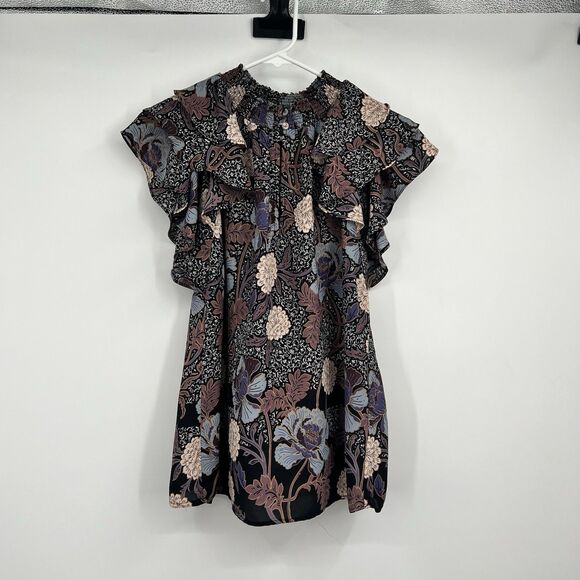 DR2 Womens S Mock Neck Dark Floral Flutter Sleeve Blouse Boho Hippie Festival - Picture 2 of 12